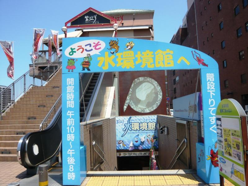 【水環境館】　大きな『河川観察窓』から紫川の水中が見えます。